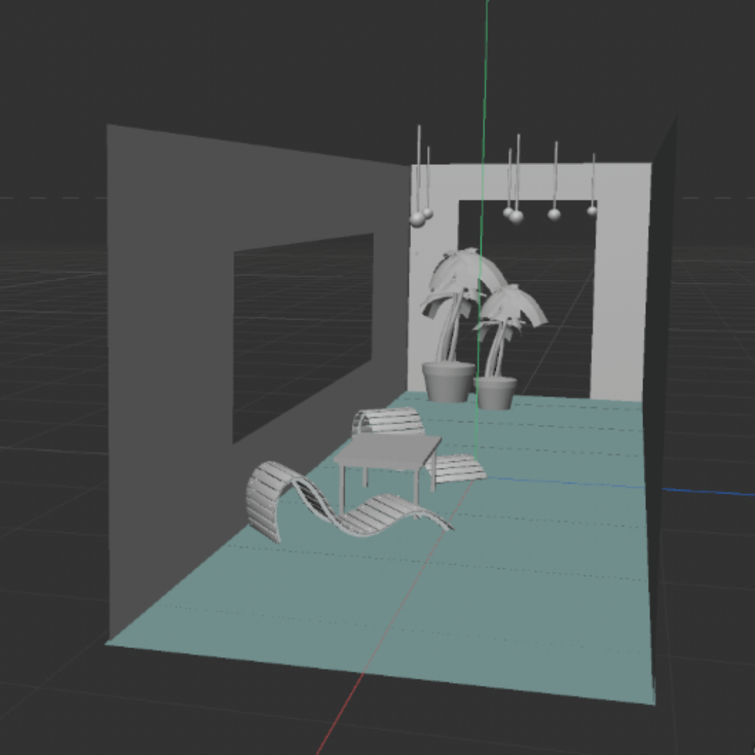 This is the 3D model one of my teammates put together to showcase the vision for how the J Wing's second floor should look. It ended up resembling a tropical vacation spot.